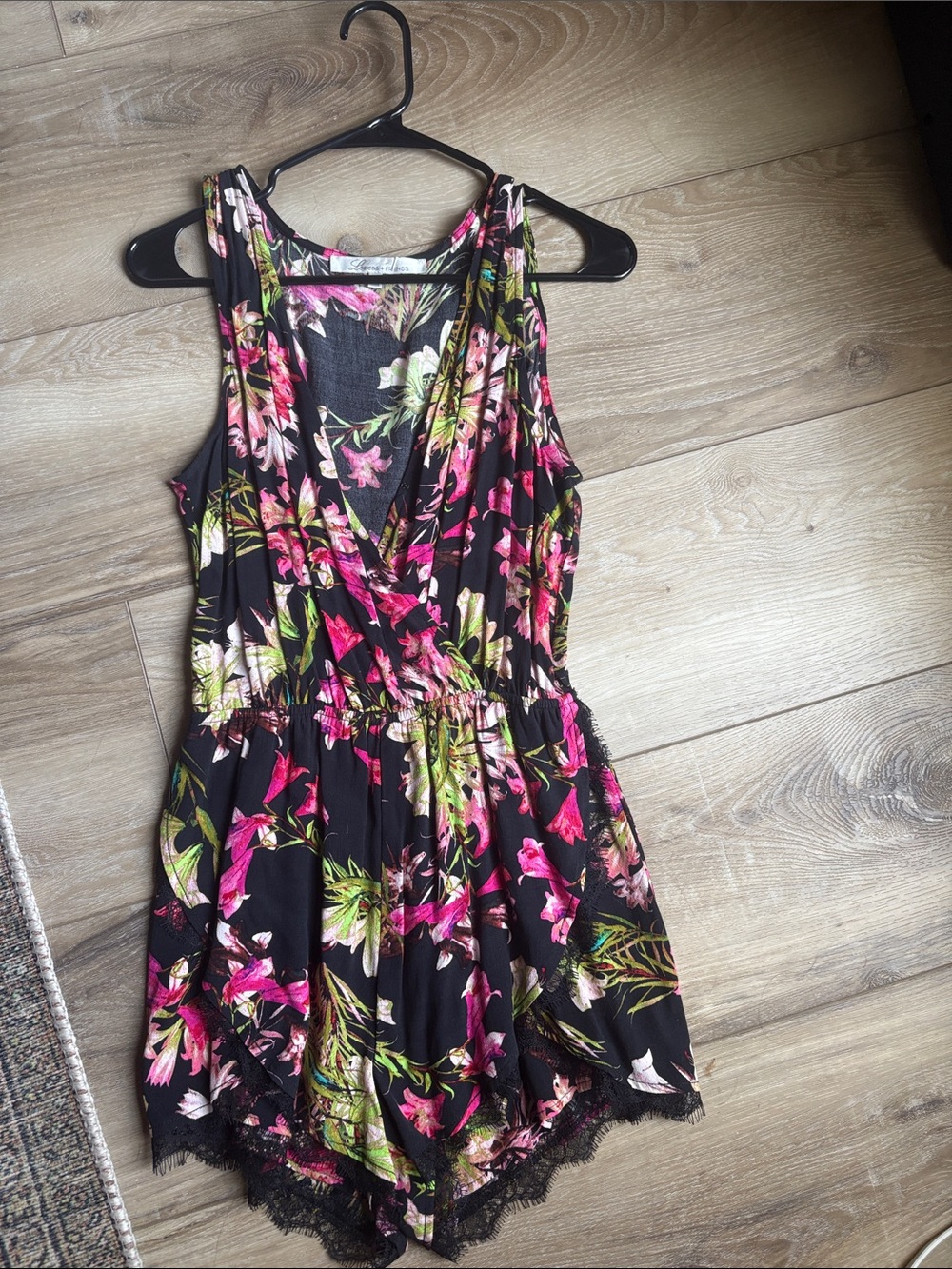 Lovers + Friends Black Floral One-Shoulder Romper with Pink & Green Accents